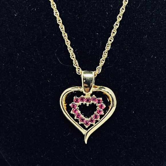 Gold Tone Rope Chain Necklace With Red Rhinestone Heart Pendant (817) - Picture 2 of 4